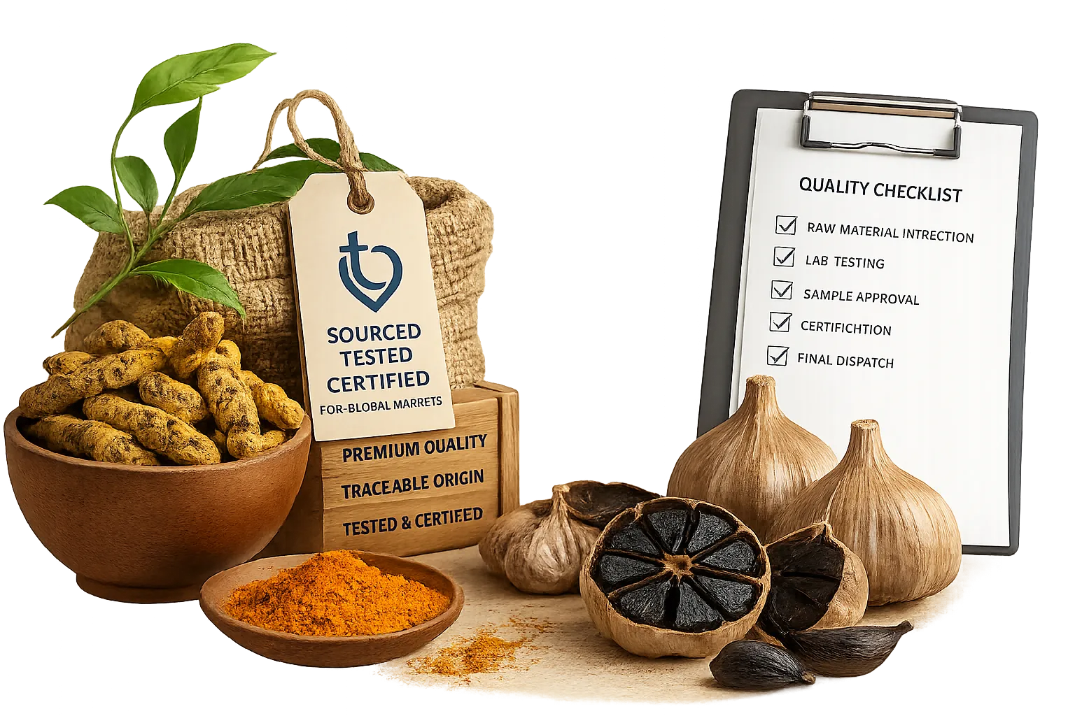 Dried Lakadong turmeric fingers and ground turmeric beside whole and halved aged black garlic, with a sourced-tested-certified tag and a quality checklist
